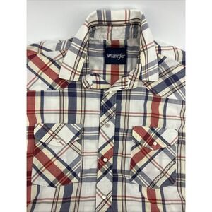Vintage Shirt Mens Wrangler Size Lg Red White Blue Plaid Pearl Snaps Western
